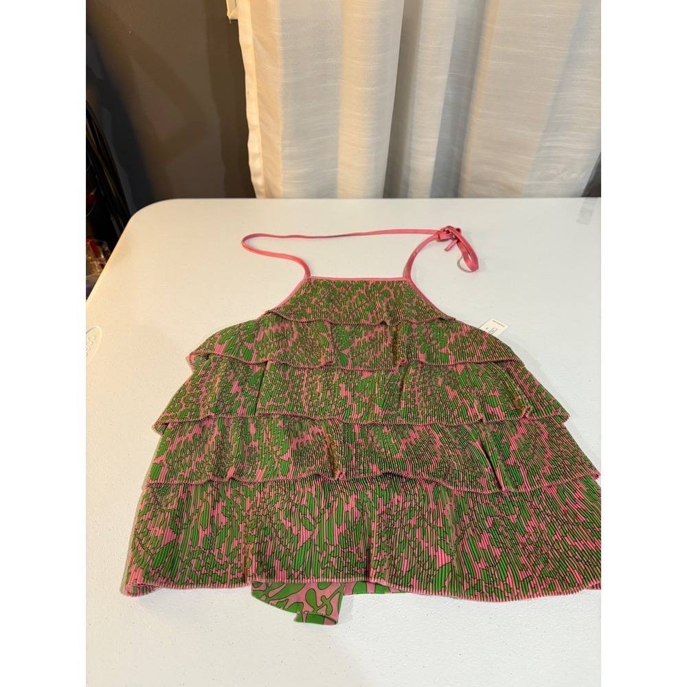 Trina Turk Halter Top Ruffle Petal Top Tiered Sleeveless‎ Pink Green Floral